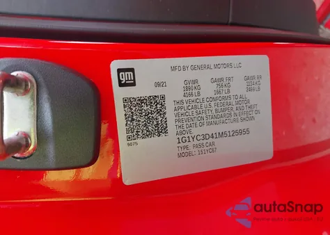 2021 Chevrolet Corvette Stingray Rwd 3Lt from USA, damaged, VIN 1G1YC3D41M5125955